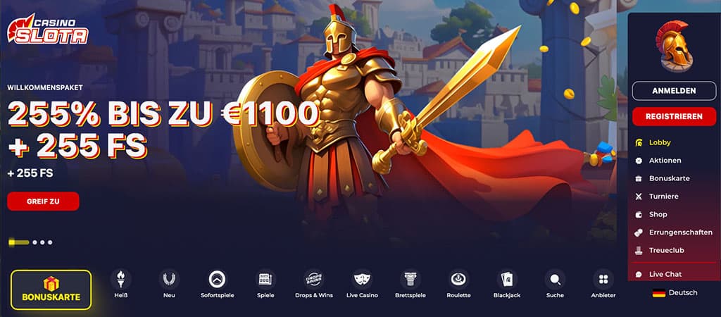  Casino Slota, Willkommensbonus, Freispiele, Gladiator, roter Umhang, Schwert, Online Casino, Deutsch, Registrierung