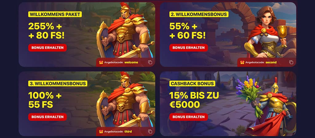 Willkommensbonus, Freispiele, Cashback Bonus, 15 % bis zu 5000 €, Gladiator, Bonuscode, Online Casino