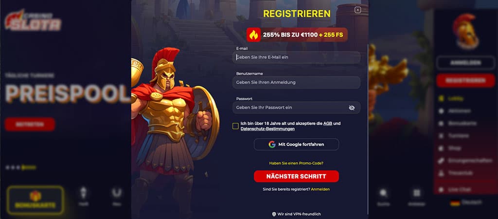 Casino Slota, Registrierung, 255 Freispiele, Gladiator, Anmeldeformular, E-Mail, Benutzername, Passwort, Bonusangebot
