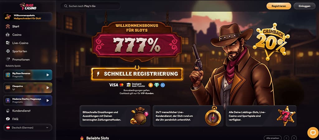 MadCasino, 777% Willkommensbonus, 20% Cashback, Cowboy mit Pistole, schnelle Registrierung, Live-Casino, Casino-Startseite