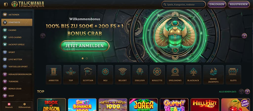 Talismania Casino Startseite, Willkommensbonus, Freispiele, Bonus Crab, ägyptisches Skarabäus-Design, Casino-Menü, Slots