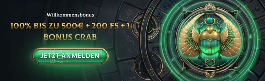 Talismania Casino Willkommensbonus, 200 Freispiele, Bonus Crab, grüner Skarabäus, ägyptisches Design, jetzt anmelden Button
