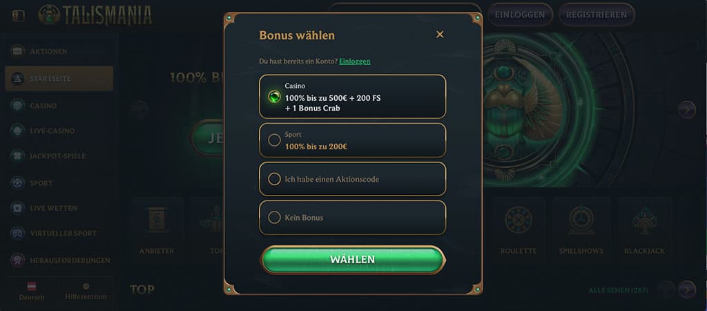 Talismania Casino Bonusauswahl, Casino-Bonus, Freispiele, Aktionscode-Feld, kein Bonus Option, wählen Button