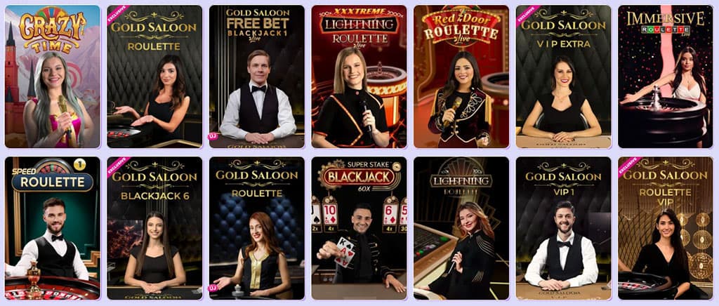 Live Casino, Roulette, Blackjack, Crazy Time, Gold Saloon, Immersive Roulette, Speed Roulette, Kartenspiele, Echtgeld Spiele