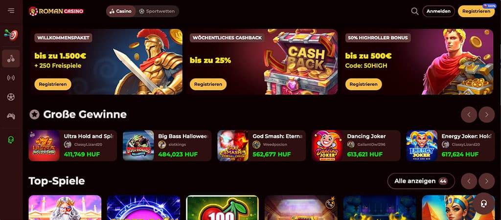 Roman Casino, Online Casino, Willkommenspaket, Freispiele, Cashback, Highroller, Große Gewinne, Top Spiele, Registrierung