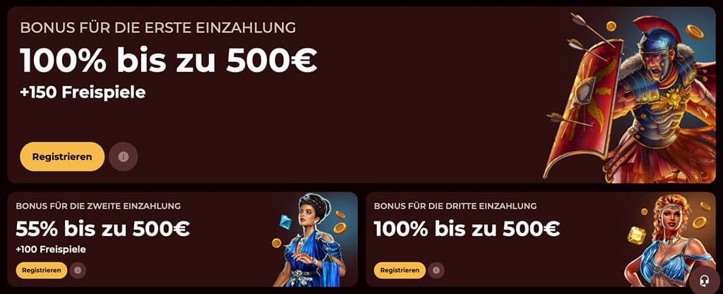Roman Casino, Bonus, Einzahlung, Dritte Einzahlung, Freispiele, Willkommensbonus, Promotion, Registrierung