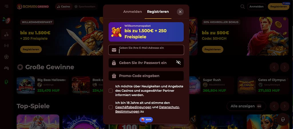 Roman Casino, Registrierung, Willkommenspaket, 250 Freispiele, Anmelden, Promo-Code, Bonus, Online Casino, Kontoerstellung