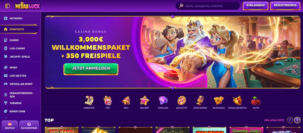 Midas Luck, Online Casino, Willkommensbonus, Freispiele, Spielautomaten, Live Casino, Roulette, Blackjack, Jackpot, Aktionen