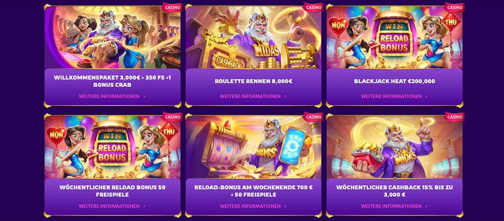 Midas Luck, Casino Bonus, Willkommenspaket, Freispiele, Roulette Rennen, Blackjack Heat, Reload Bonus, Cashback, Promotionen