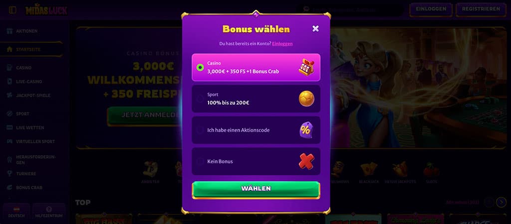 Midas Luck, Bonus wählen, Casino Bonus, Sport Bonus, Aktionscode, Kein Bonus, Registrierung, Willkommenspaket, Freispiele