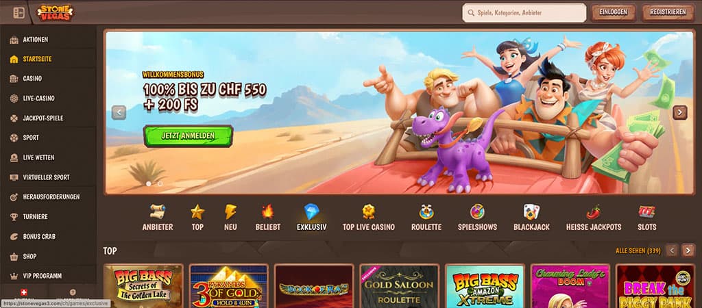 Online Casino-Startseite, Stone Vegas, Willkommensbonus, 200 Freispiele, Wüstenlandschaft, Abenteurer, Dinosaurier