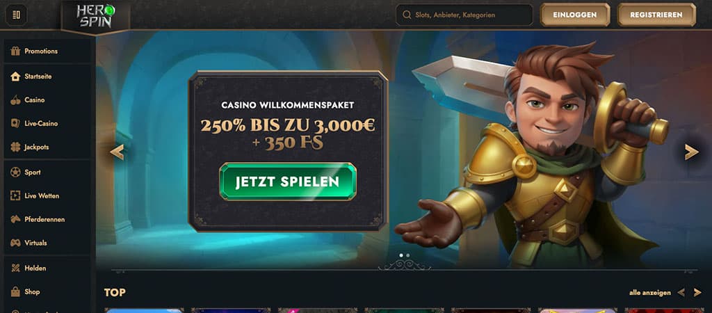 Willkommenspaket, Online-Glücksspiel, HeroSpin Casino-Startseite, 350 FS, Fantasy-Thema, Ritter, Spiele-Menü, Anmelde-Button