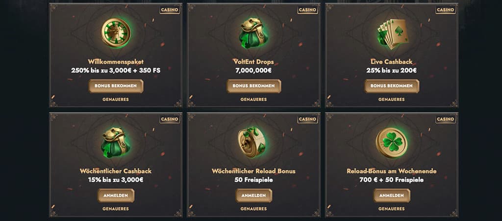 Bonusangebote des HeroSpin Casinos, Willkommenspaket, VoltEnt Drops, Live Cashback, wöchentlicher Cashback, Reload Bonus