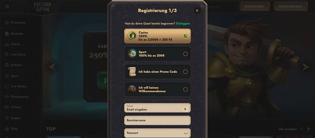 Glücksspiel-Registrierungsformular, Bonusanwahl, Casino-Bonus, Sport-Bonus, Aktionscode-Feld, Kein Willkommensbonus, E-Mail