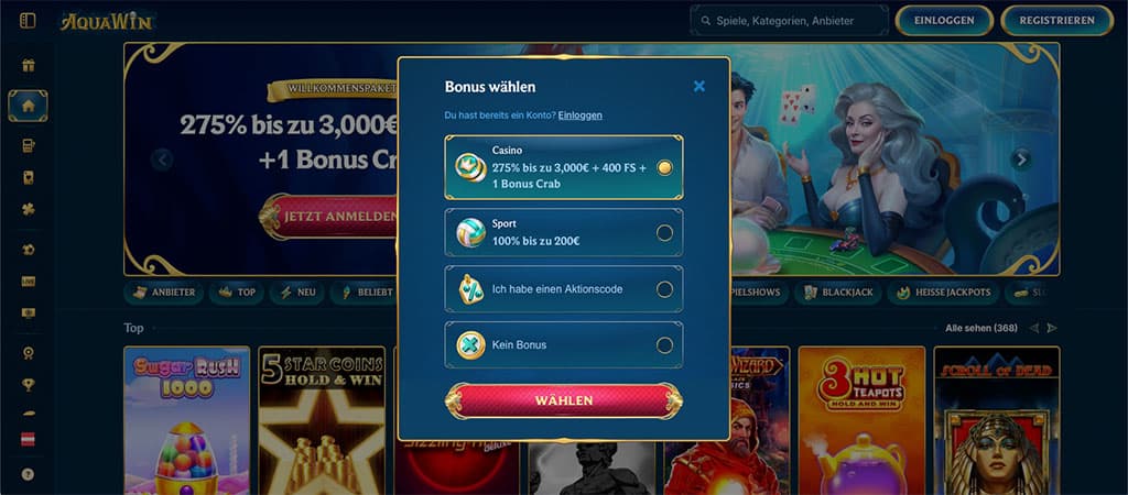 Online Kasino, Registrierung, Bonus wählen, Willkommensbonus, Casino, Sport, Aktionscode, Bonus Crab, Glücksspiel