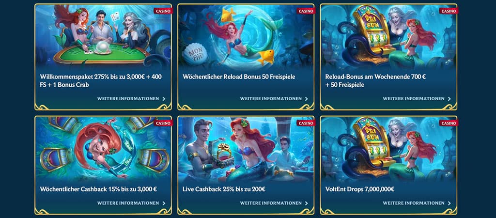 Online Kasino, Boni, Willkommenspaket, Reload Bonus, Cashback, Freispiele, Bonus Crab, Meerjungfrauen, Glücksspiel