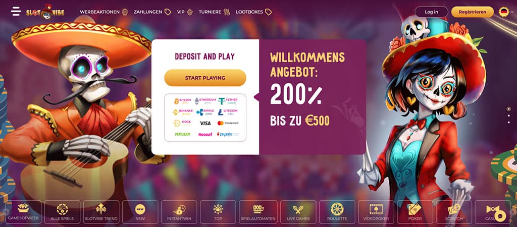 Casino-Website, Online-Glücksspiel, Slots, Werbeaktionen, Willkommensbonus, Einzahlungsbonus, SlotVibe, Tag der Toten