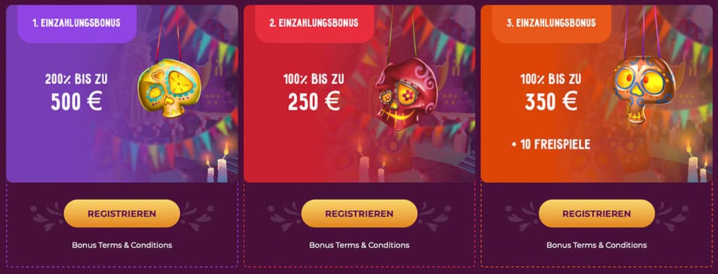 Casino-Bonus, Einzahlungsbonus, Willkommenspaket, SlotVibe, Online-Glücksspiel, Werbeaktionen, Tag der Toten, Skelett-Köpfe