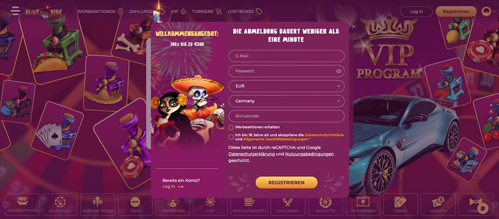 Casino-Registrierung, Registrierungsformular, Online-Glücksspiel, SlotVibe, Dateneingabe, Konto erstellen, Tag der Toten
