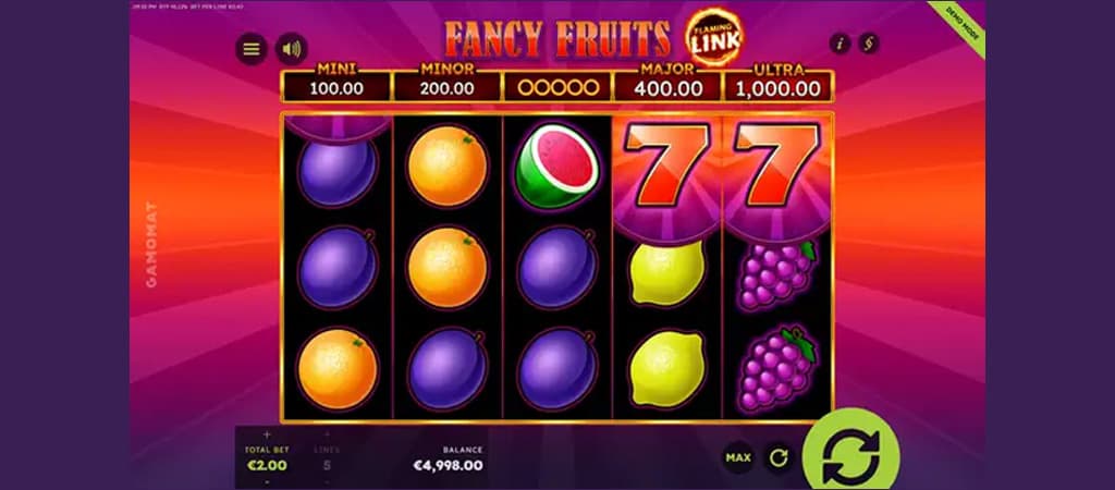 Online-Spielautomat, Fancy Fruits, Früchte-Slot, klassische Symbole, Siebener-Symbol, Spielbildschirm, Online-Glücksspiel