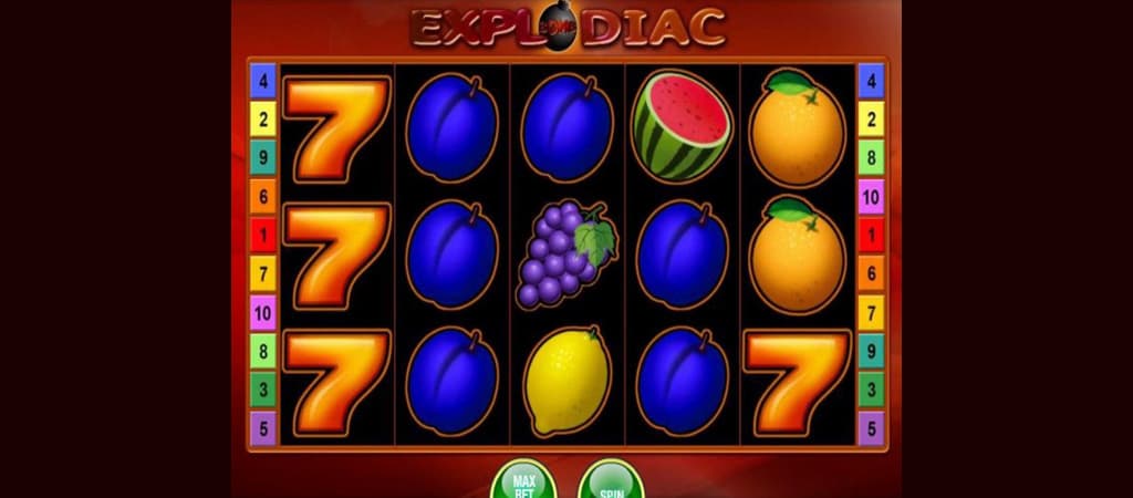 Online-Spielautomat, Explodiac, Früchte-Slot, klassische Symbole, Siebener-Symbol, Spielbildschirm, Spielautomat, Glücksspiel