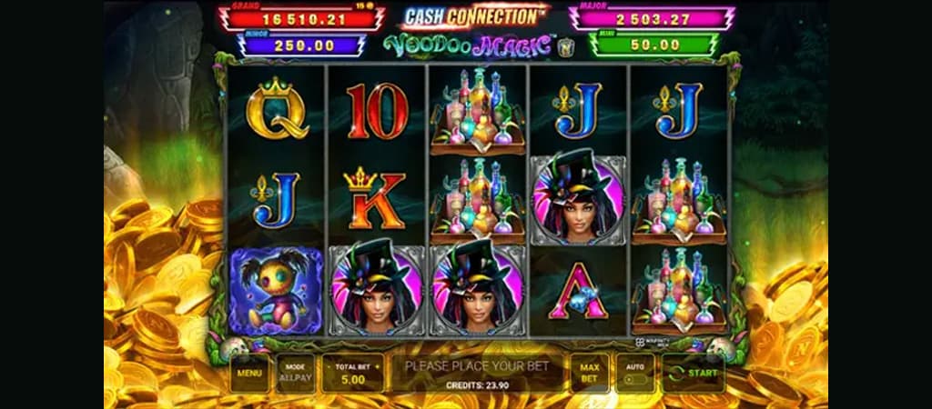 Online-Spielautomat, Cash Connection Voodoo Magic, Spielbildschirm, Spielautomat, Online-Glücksspiel, Walzen, Gewinntabelle