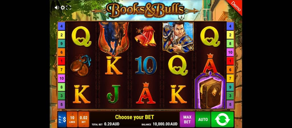 Online-Spielautomat, Books & Bulls, Spielbildschirm, Spielautomat, Online-Glücksspiel, Walzen, Stierkampf-Thema, Torero