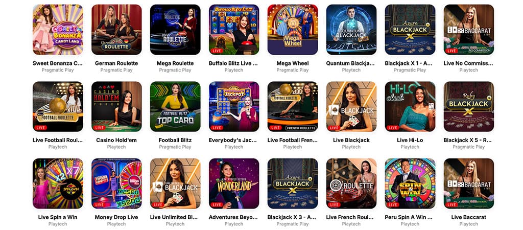 Live-Casino, Glücksspiel, Live-Spiele, Sweet Bonanza, Mega Roulette, Football Roulette, Blackjack, Baccarat, Live-Dealer