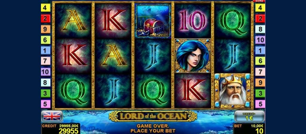 Lord of the Ocean Spielautomat, Unterwasser-Thema, Symbole, Poseidon, Meerjungfrau, Schatztruhe, Poker-Symbole, Walzen