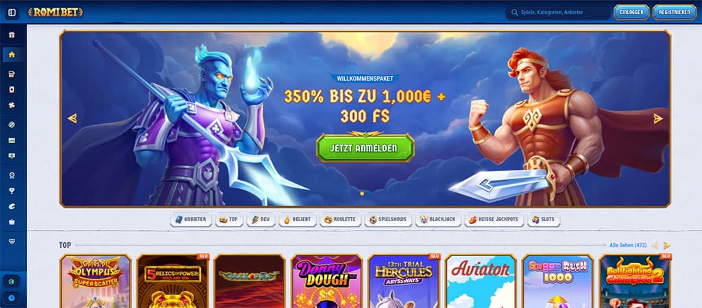 Willkommenspaket Romibet, Bonus, 300 Freispiele, Hercules, Zeus, Götter, Fantasy, Online Casino, Spielautomat