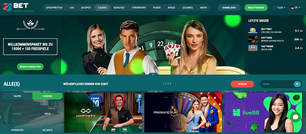 22Bet Casino, Willkommenspaket, 150 Freispiele, Live Casino, Roulette, Poker, Blackjack, Slots, Sportwetten, Glücksspiel