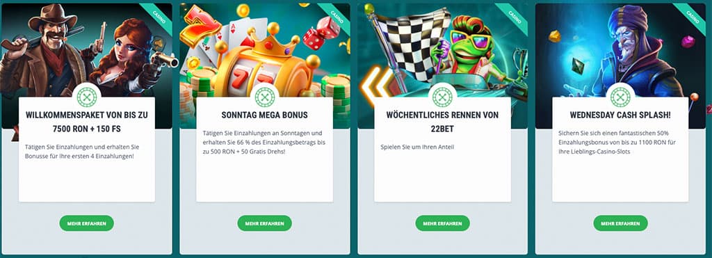 22Bet, Willkommenspaket, 150 Freispiele, Sonntag Mega Bonus, Wöchentliches Rennen, Wednesday Cash Splash, Glücksspiele