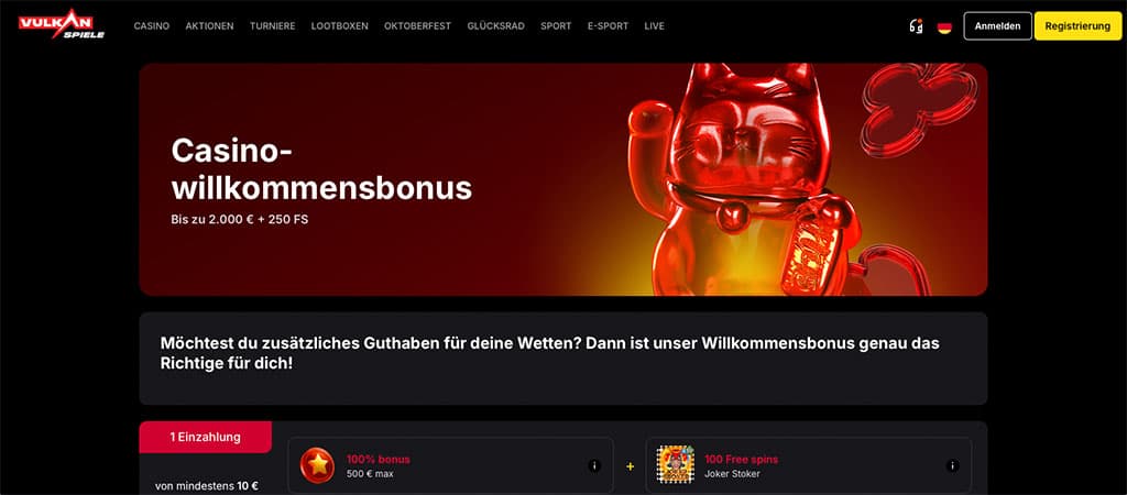 Vulkan Spiele Casino Homepage, winkende Maneki-neko Katze, Willkommensbonus bis 2000 Euro, Menüleiste, Einzahlungsdetails