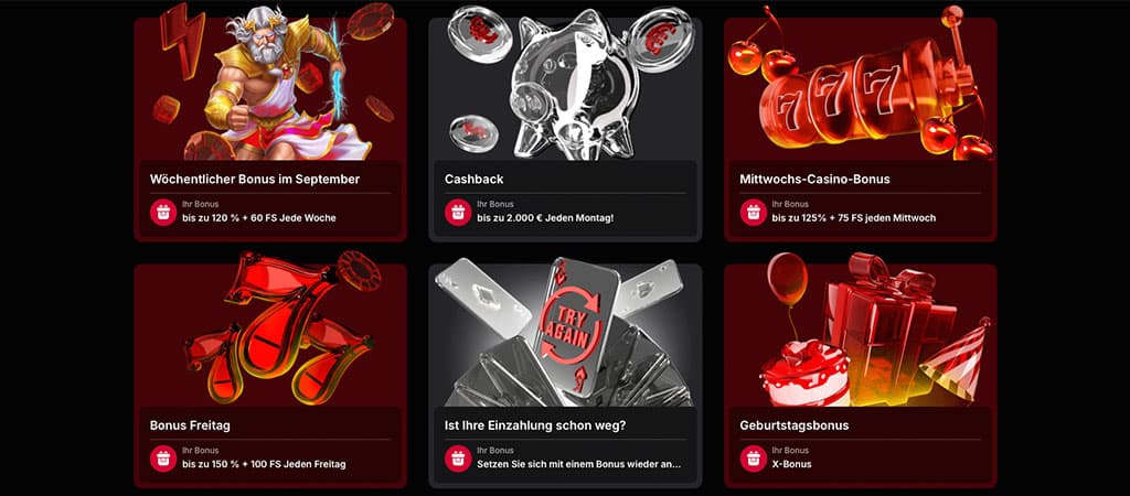 Vulkan Spiele Casino Aktionsseite, sechs Bonusangebote, wöchentlicher Bonus, Cashback, Mittwoch-Bonus, Bonus Freitag, Zeus