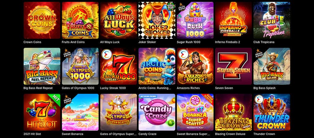Online Casino Spielauswahl, bunte Spielautomaten-Icons, Gates of Olympus, Sugar Rush 1000, Big Bass Splash, Sweet Bonanza
