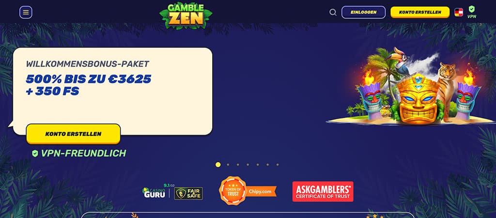 GambleZen Casino Homepage, Willkommensbonus 500 Prozent bis 3625 Euro, Tiki-Masken, Tiger, VPN-freundlich