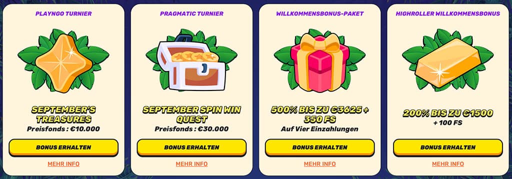 GambleZen Casino Boni, vier Angebote, PlaynGo Turnier, Pragmatic Turnier, Willkommensbonus-Paket, Highroller Bonus