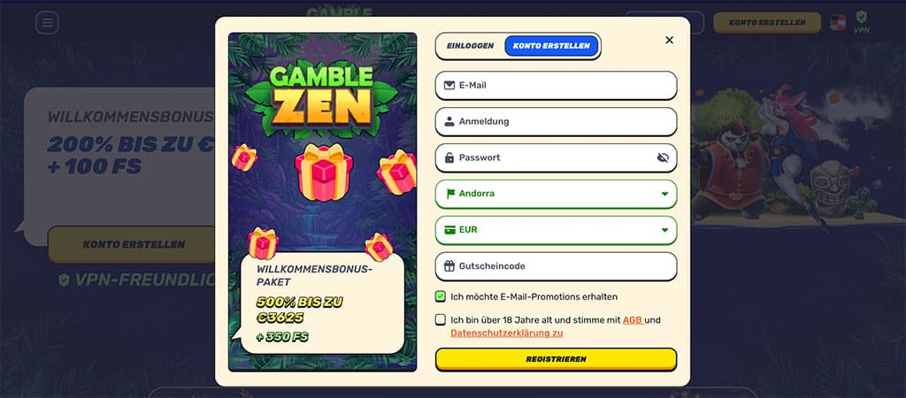 GambleZen Casino Registrierungsformular, Konto erstellen, Email, Passwortfelder, Andorra, Währung EUR, Willkommensbonus-Paket