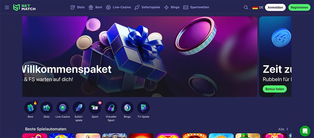 Betmatch Casino, Hauptseite, Willkommenspaket, blaues Geschenkpaket, Münzen, Slot Spiele, Live-Casino