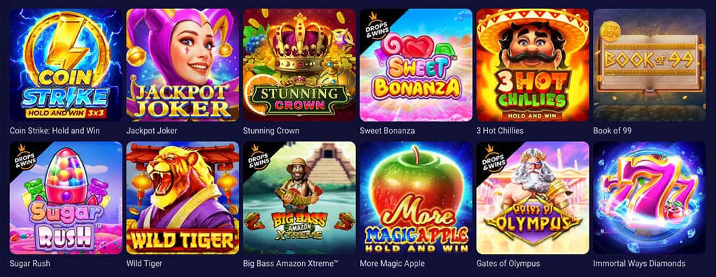 Betmatch, Spielautomaten, Coin Strike, Jackpot Joker, Stunning Crown, Sweet Bonanza, Gates of Olympus