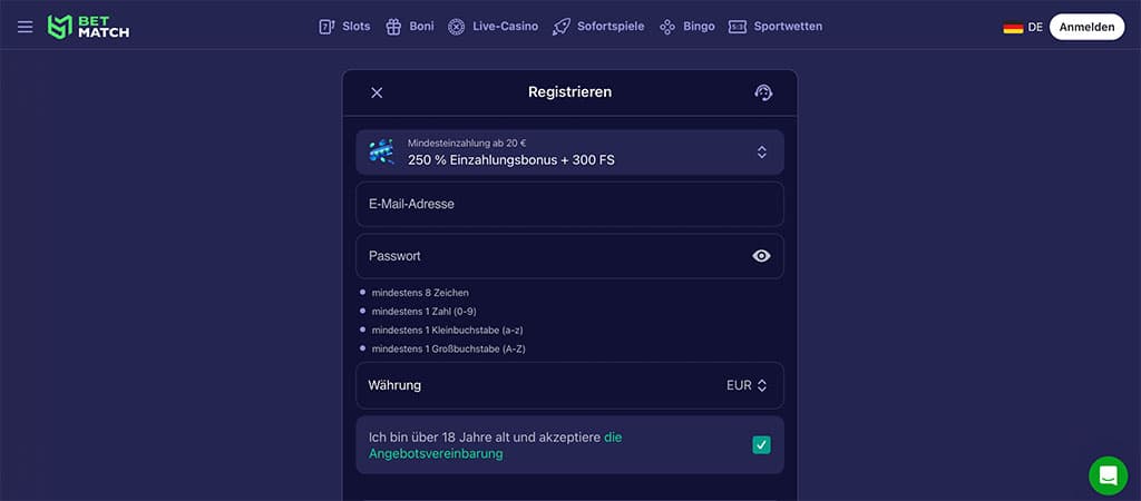 Betmatch Casino Registrierung, Anmeldeformular, Willkommensbonus, 250% Einzahlungsbonus, 300 Freispiele, E-Mail-Adresse