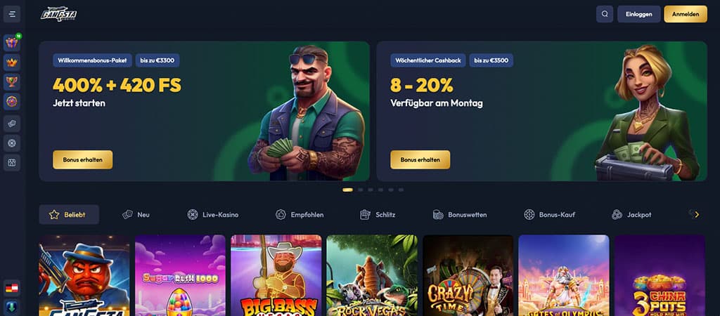 Online-Casino, Gangsta Casino, Willkommensbonus 400 %, 420 Freispiele, wöchentlicher Cashback, bis zu 500 €, Spielautomaten