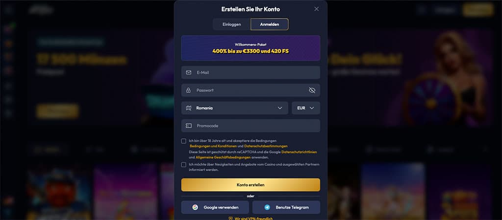 Gangsta Casino Registrierung, Konto erstellen, Willkommenspaket, 420 Freispiele, Anmeldeformular, E-Mail, Passwort