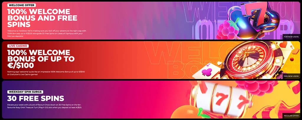 HotSlots Casino Bonus, Willkommensangebot, 100 % Bonus, Freispiele, Live-Casino Bonus, Free Spins, Spielautomaten
