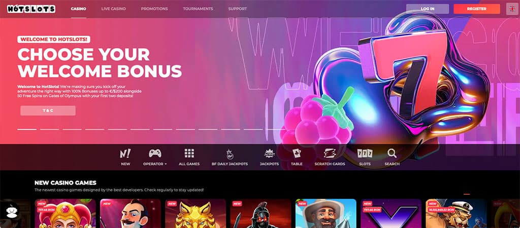 HotSlots Casino, Online-Casino, Willkommensbonus wählen, 100 % Bonus bis zu 250 €, 50 Freispiele, Spielautomaten, neue Spiele