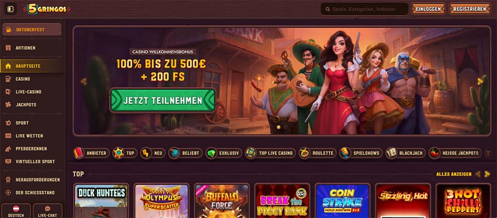 5Gringos Casino, Online-Casino, Willkommensbonus 100 % bis zu 500 €, Freispiele, Registrierung, Spielautomaten, Live-Casino