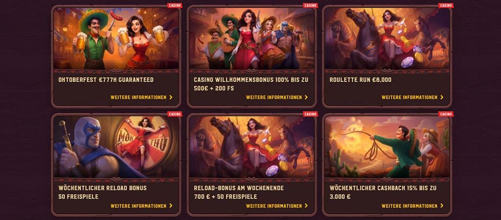 5Gringos Casino Boni, Oktoberfest Aktion, Willkommensbonus 100 % bis zu 500 € + 200 Freispiele, Roulette Run, Reload Bonus