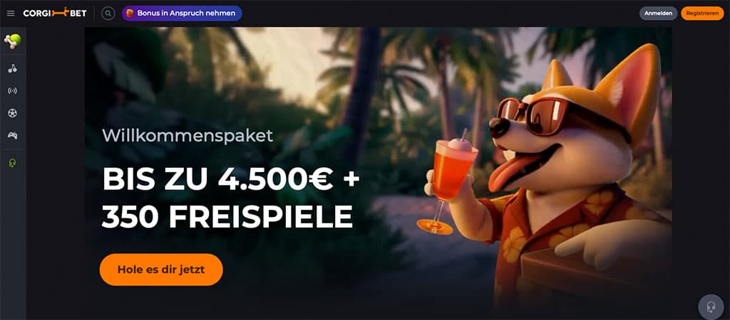 CorgiBet Casino, Online-Casino, Willkommenspaket, bis zu 4500 € + 350 Freispiele, Bonusangebot, Registrierung, Corgi