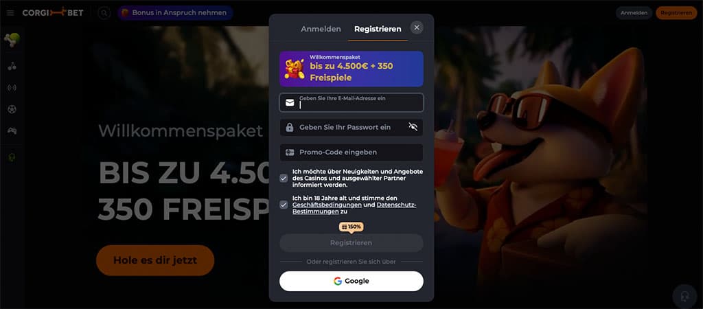 CorgiBet Registrierung, Willkommensbonus bis zu 4500 € + 350 Freispiele, Anmeldeformular, E-Mail, Passwort, Promo-Code