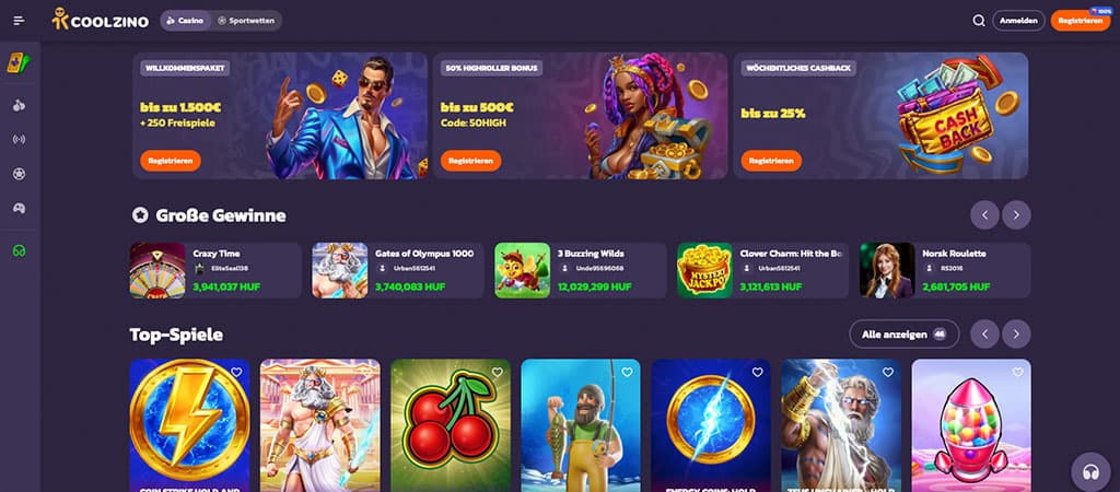 Coolzino Casino, Online-Casino, Willkommenspaket bis zu 1500 € + 250 Freispiele, Highroller-Bonus, wöchentliches Cashback